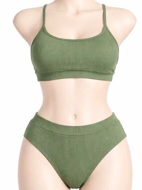 Women’s Olive Green Ribbed Bikini Set Size S High Cut Sport Bralette NWOT
